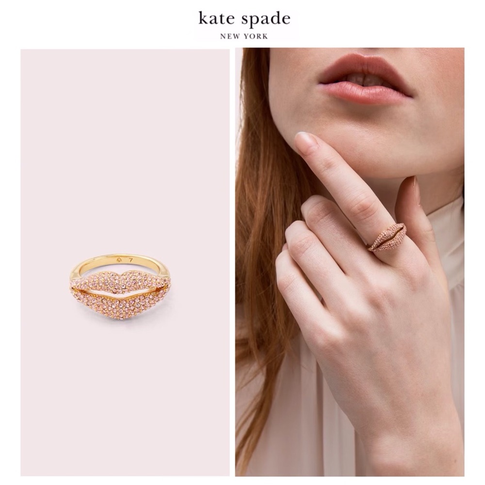 NWT Kate Spade ♠️ LIPS 12-K Gold Plated Pave Pink CZ Crystals Statement Ring